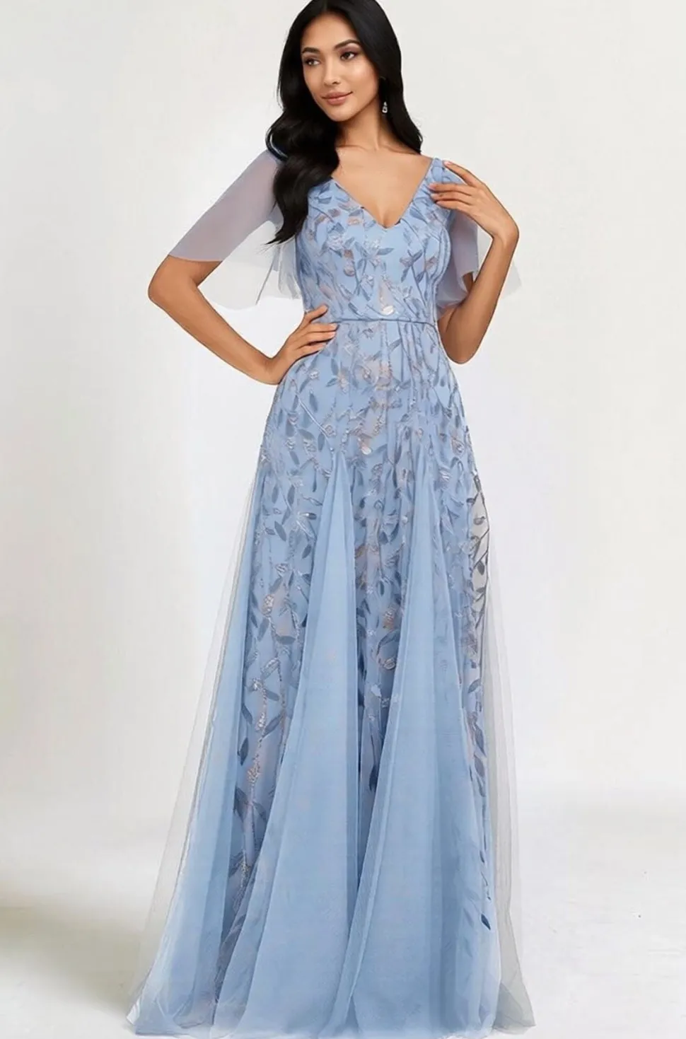 Robe de soirée bleue motif paillettes