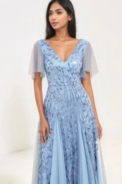 Robe de soirée bleue motif paillettes