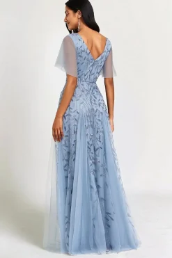 Robe de soirée bleue motif paillettes