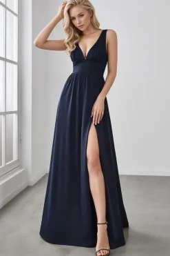 Robe de soirée bleu longue fendue taille empire