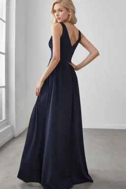Robe de soirée bleu longue fendue taille empire