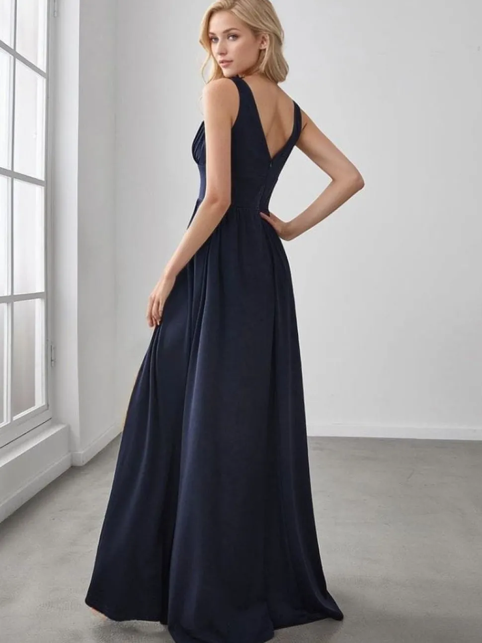 Robe de soirée bleu longue fendue taille empire