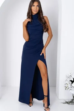 Robe de soirée bleu marine longue fendue élégante