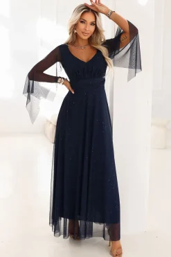 Robe de soirée bleu marine longue manches transparentes