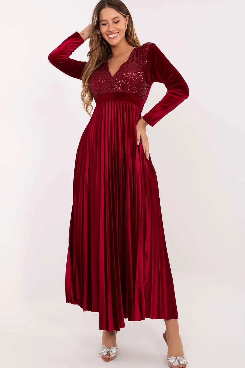 Robe de soirée bordeaux chic longue manches longues