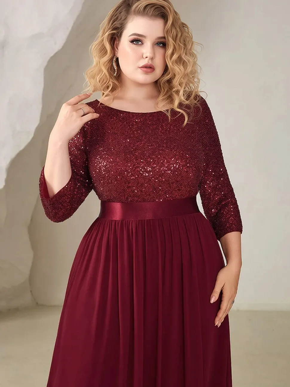 Robe de soirée bordeaux grande taille à paillettes