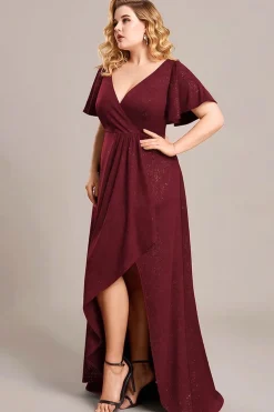 Robe de soirée bordeaux grande taille à fente asymétrique