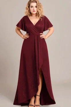 Robe de soirée bordeaux grande taille à fente asymétrique