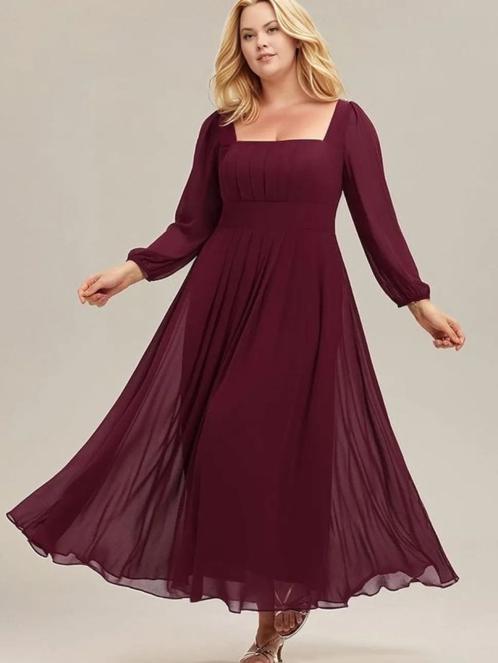 Robe de soirée bordeaux à manches longues grande taille