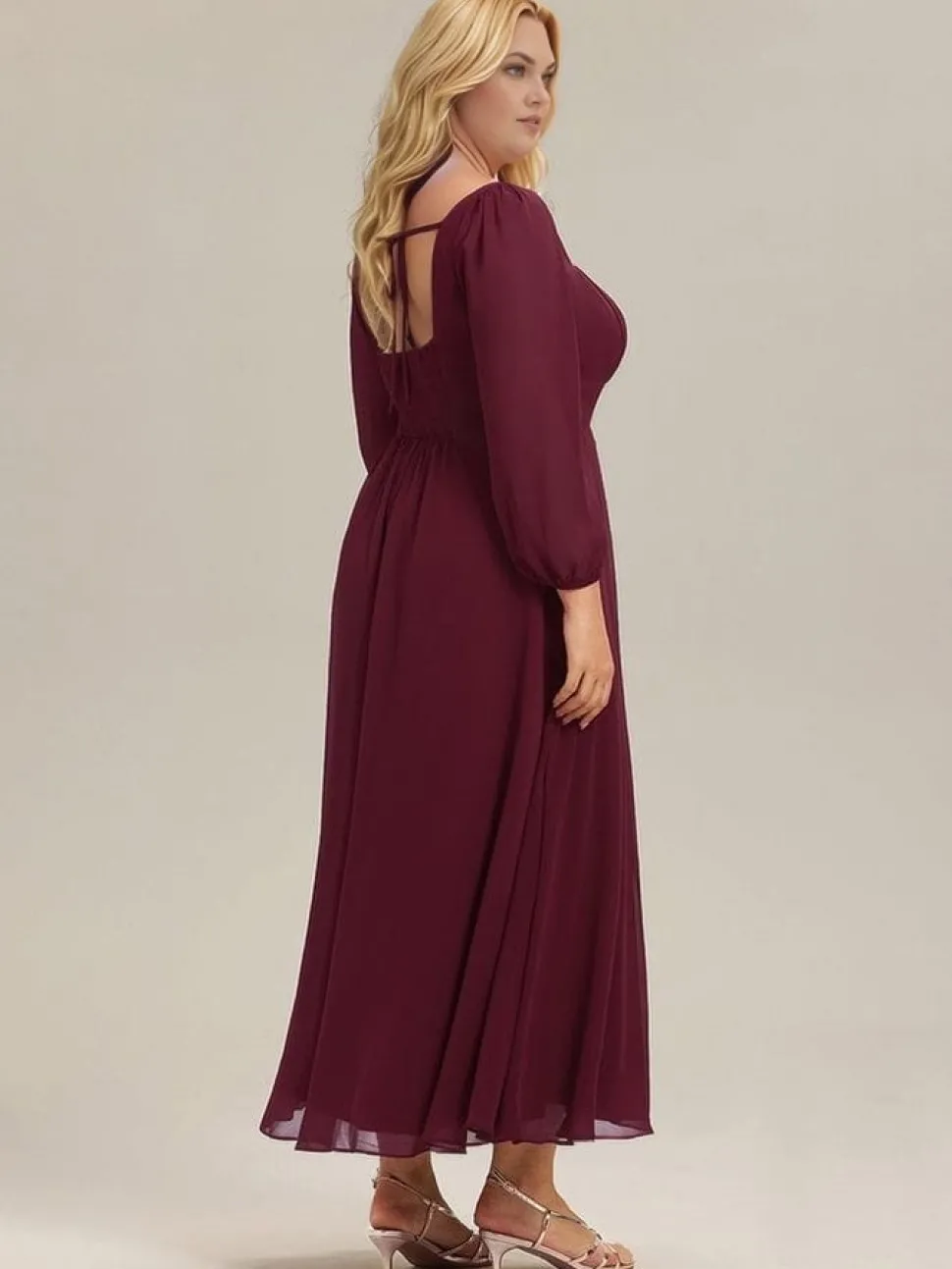 Robe de soirée bordeaux à manches longues grande taille