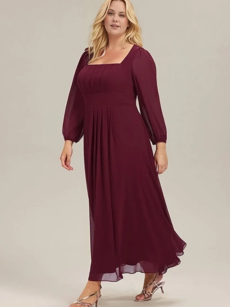 Robe de soirée bordeaux à manches longues grande taille