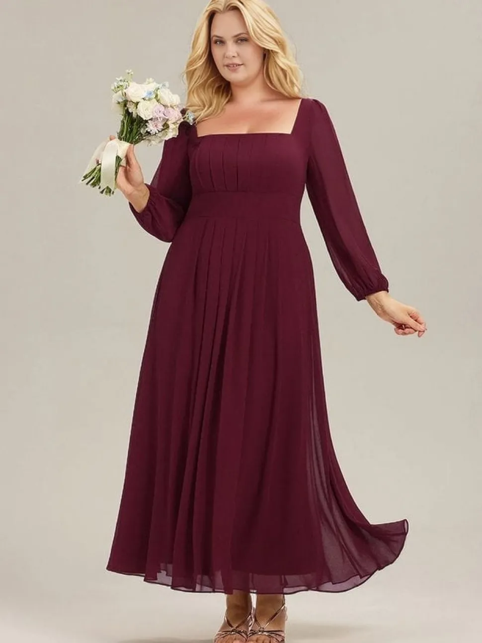Robe de soirée bordeaux à manches longues grande taille