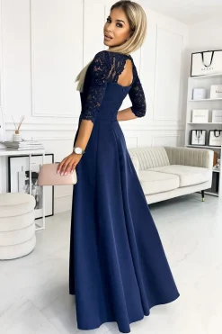 Robe de soirée chic bleue marine haut en dentelle