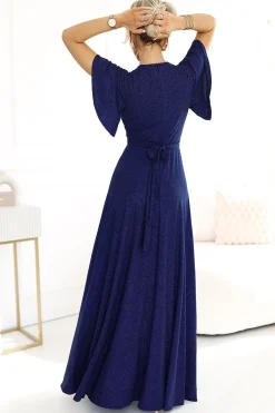 Robe de soirée chic longue fendue manches courtes