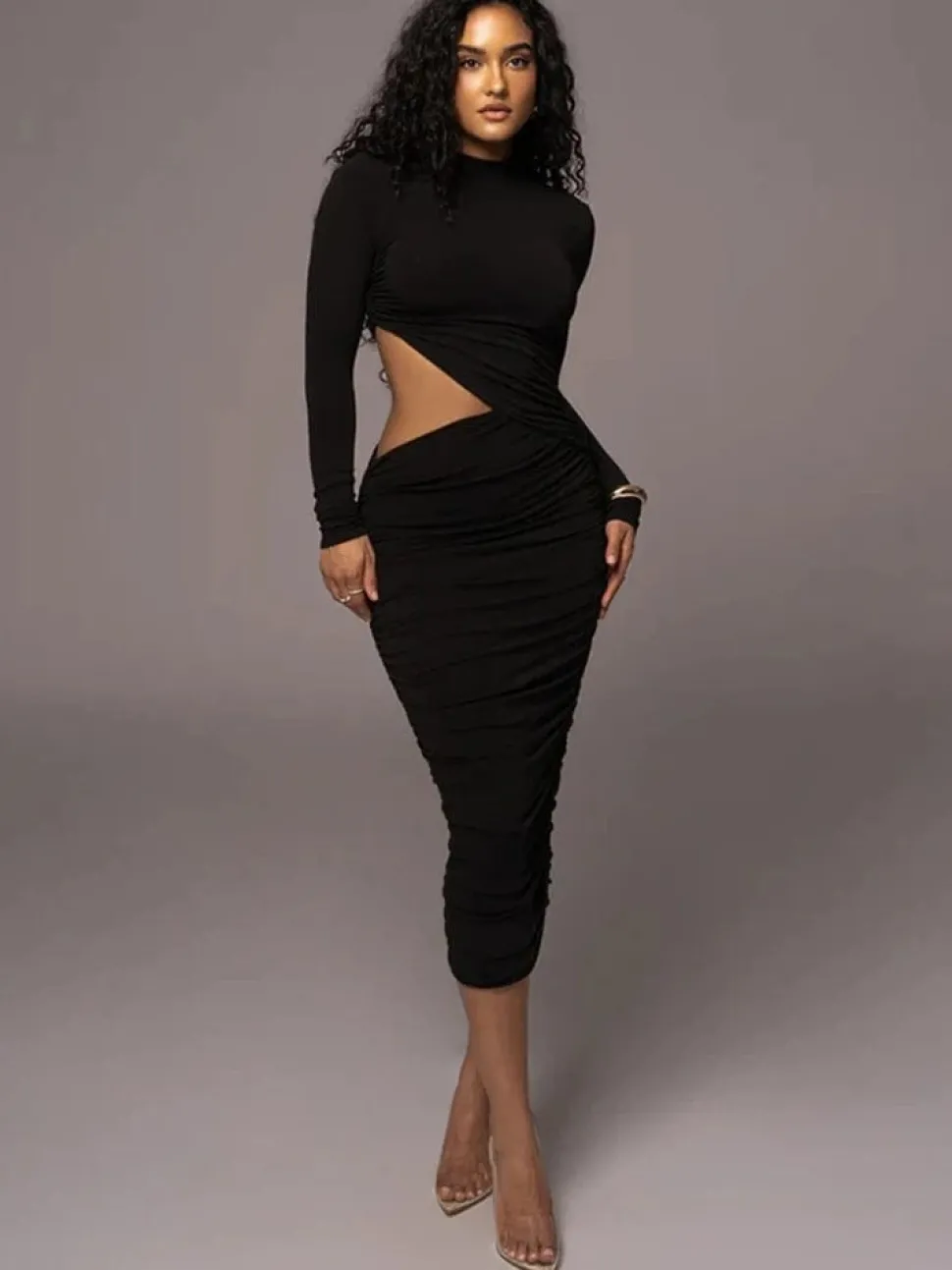Robe de soirée chic midi à manche longue