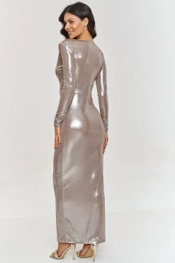 Robe de soirée chic métalisée longue fendue