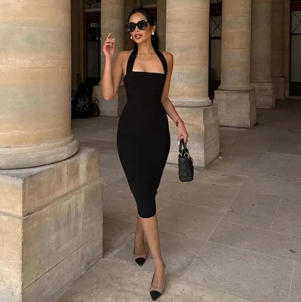 Robe de soirée chic noire midi dos nu