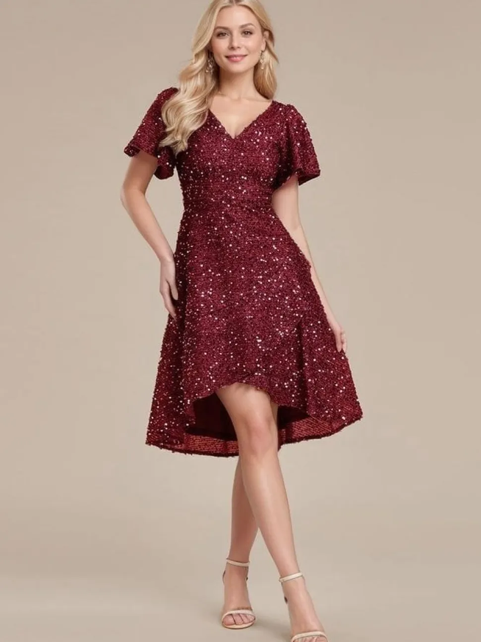 Robe de soirée courte bordeaux à paillettes