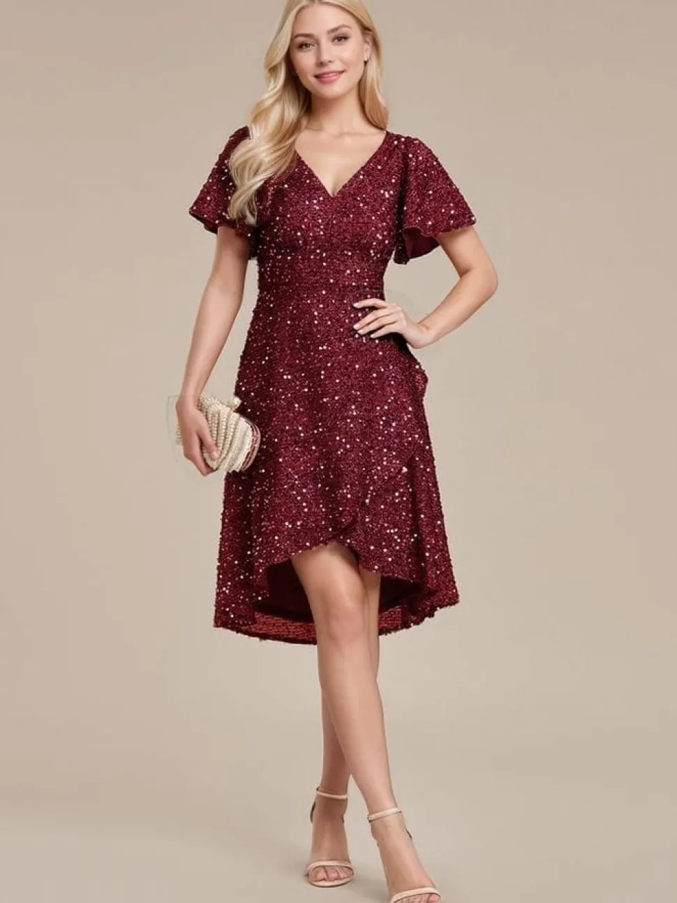 Robe de soirée courte bordeaux à paillettes