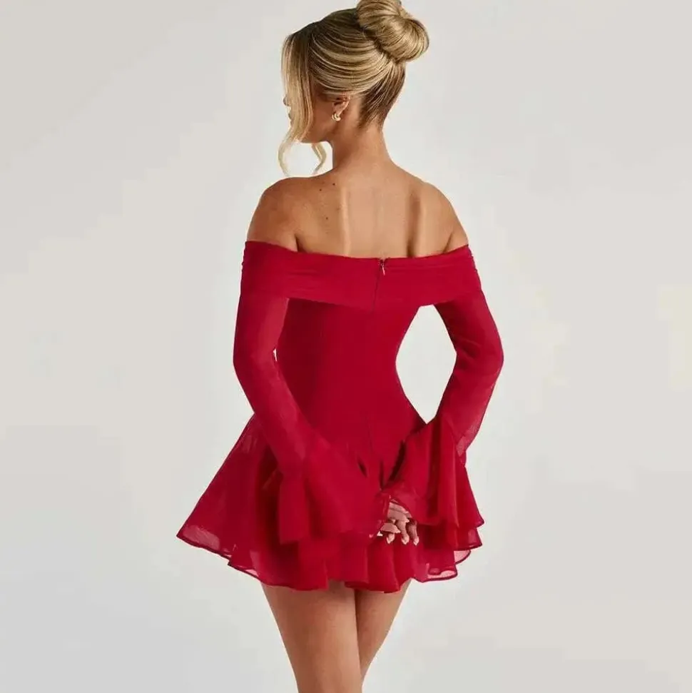Robe de soirée courte patineuse manches longues