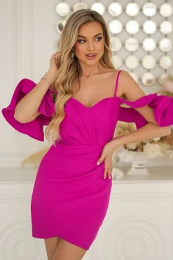 Robe de soirée courte rose manches volantées
