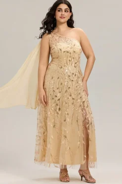 Robe de soirée de mariage dorée une épaule et fente