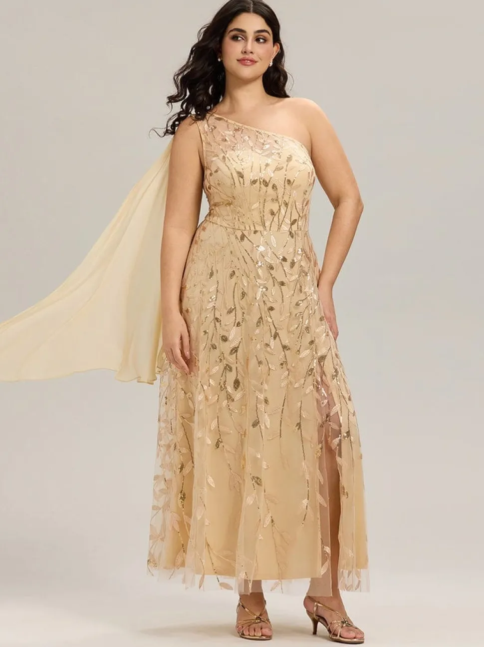 Robe de soirée de mariage dorée une épaule et fente