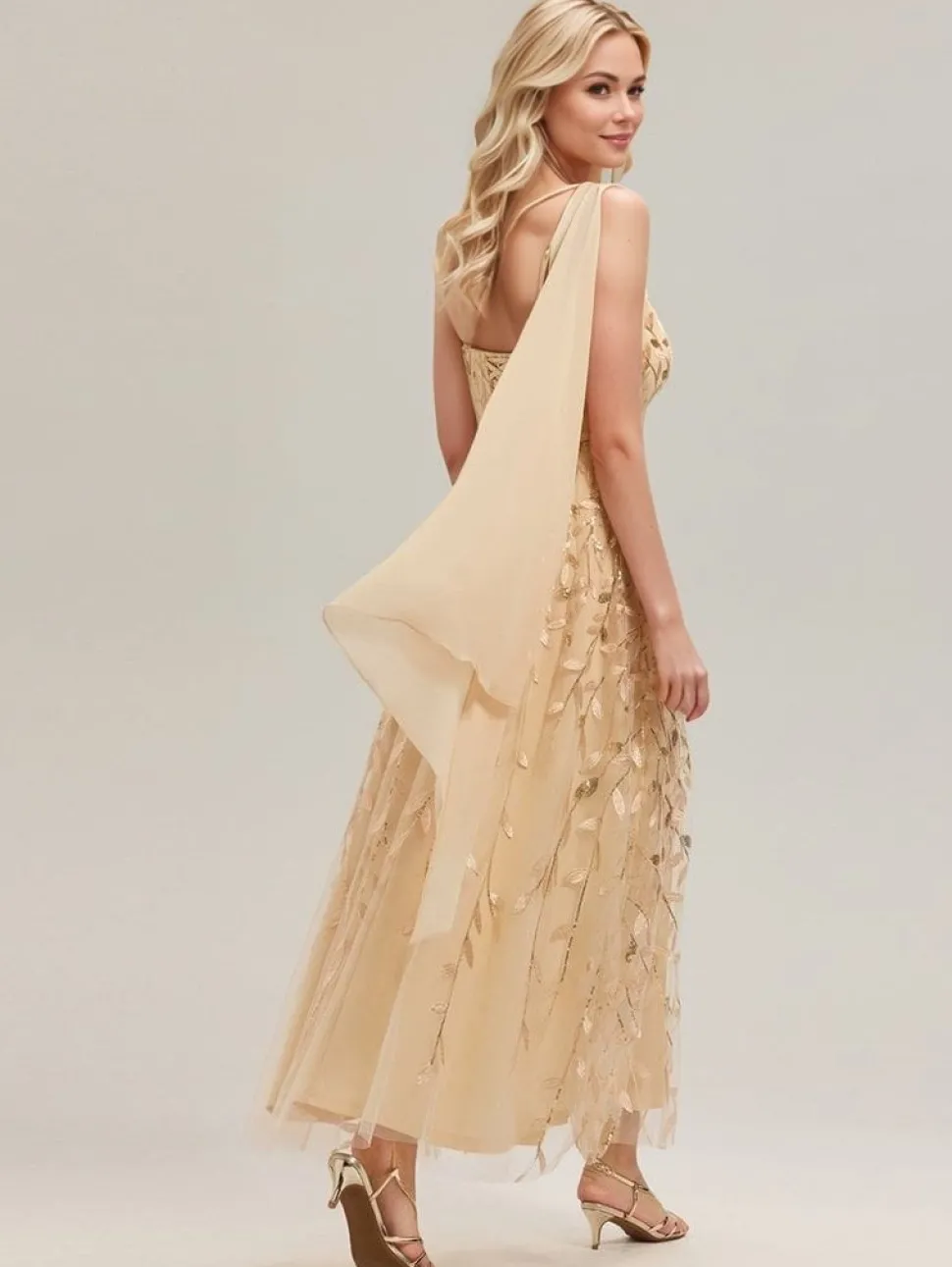Robe de soirée de mariage dorée une épaule et fente