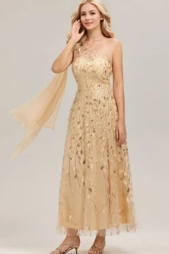 Robe de soirée de mariage dorée une épaule et fente