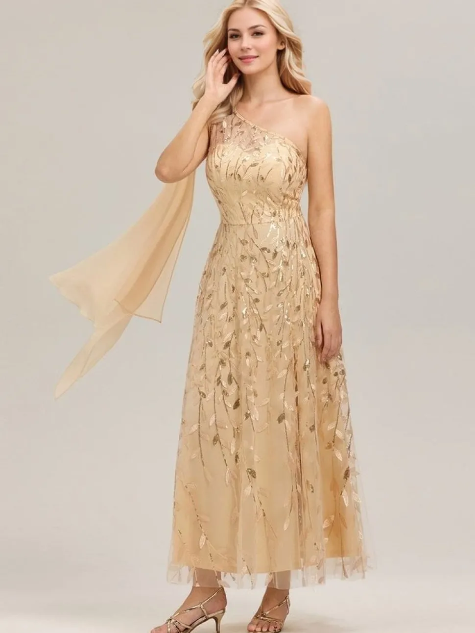 Robe de soirée de mariage dorée une épaule et fente