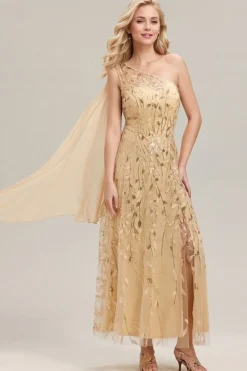 Robe de soirée de mariage dorée une épaule et fente
