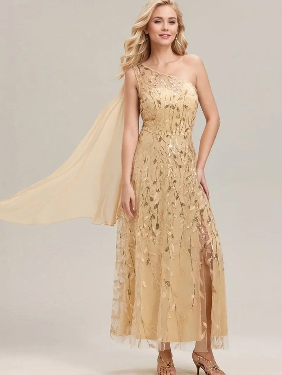 Robe de soirée de mariage dorée une épaule et fente