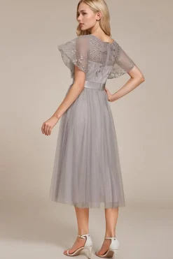 Robe de soirée de mariage grise haut tulle et broderies