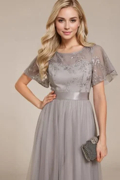 Robe de soirée de mariage grise haut tulle et broderies
