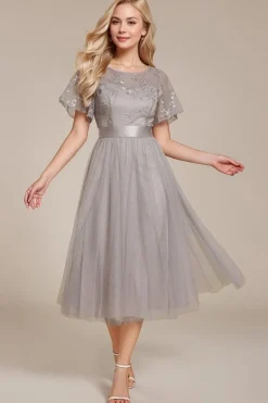 Robe de soirée de mariage grise haut tulle et broderies
