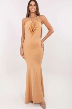 Robe de soirée dorée longue dos nu
