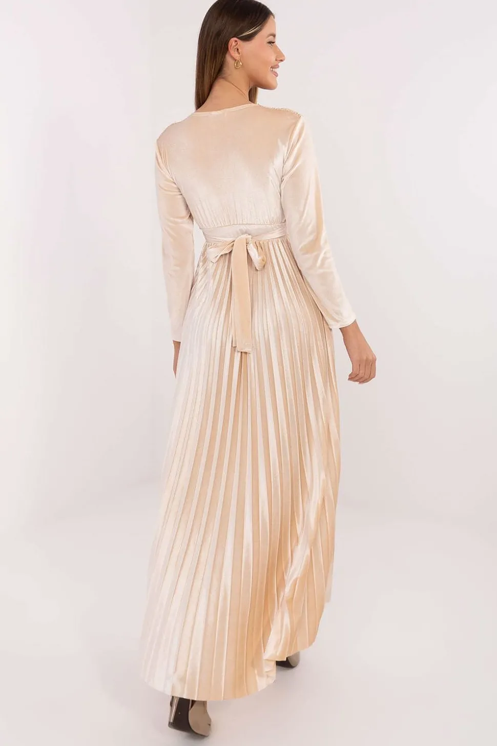 Robe de soirée dorée longue jupe plissée