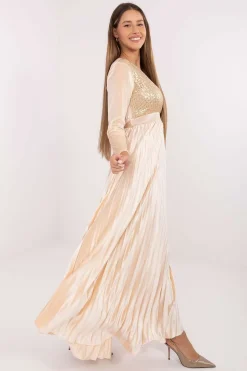 Robe de soirée dorée longue jupe plissée