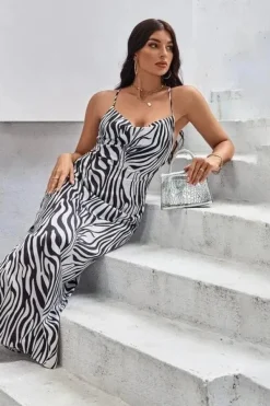 Robe de soirée dos nu longue à motifs