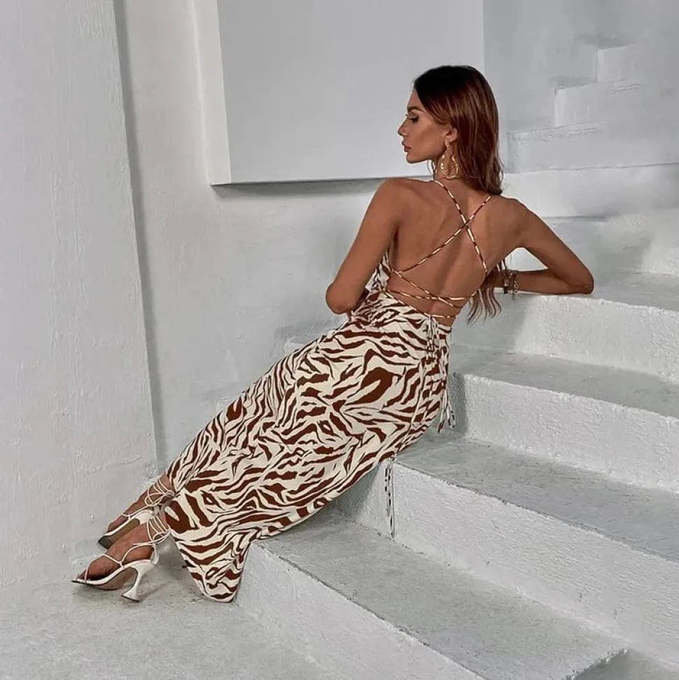 Robe de soirée dos nu longue à motifs
