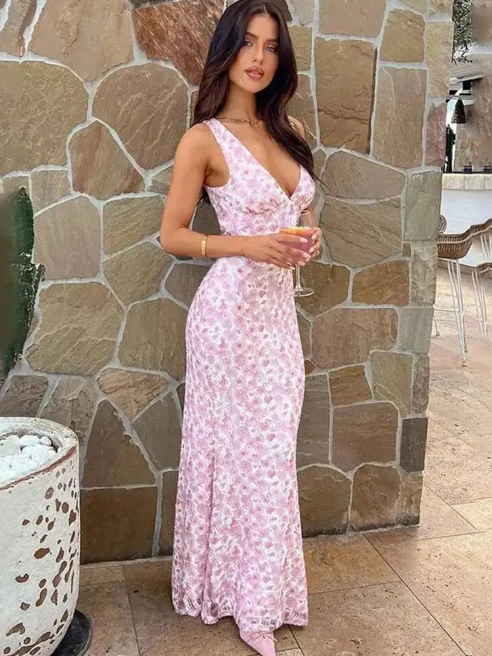 Robe de soirée fleurie longue dos nu