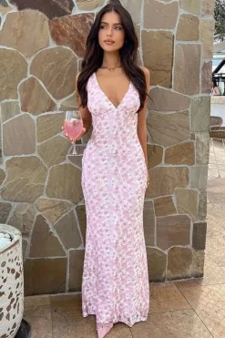 Robe de soirée fleurie longue dos nu
