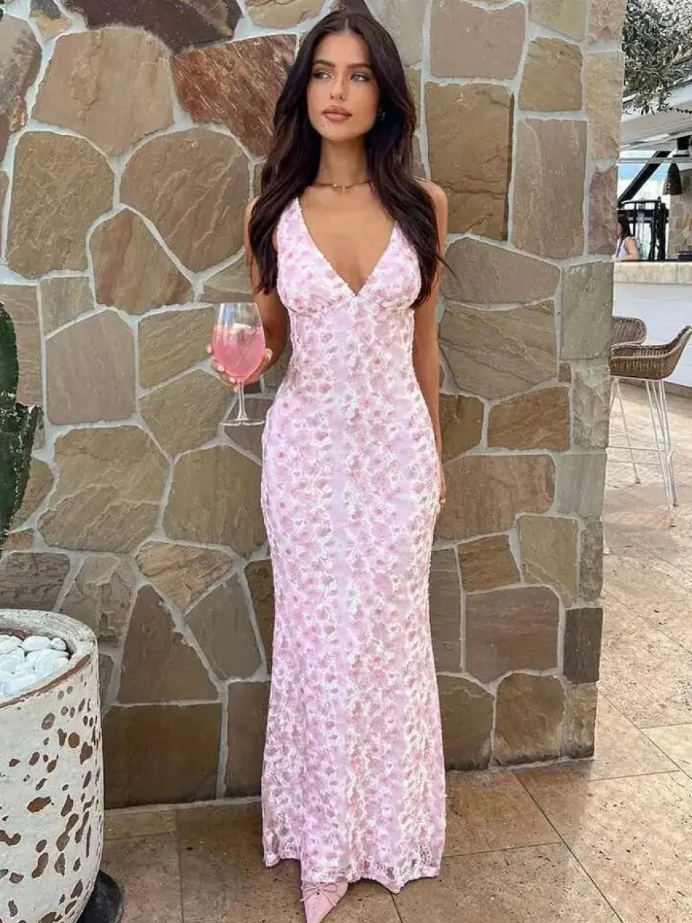 Robe de soirée fleurie longue dos nu
