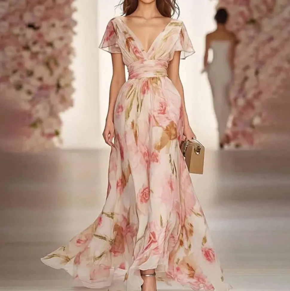 Robe de soirée fleurie longue fluide