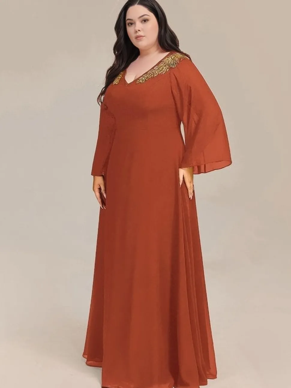 Robe de soirée grande taille couleur terracotta