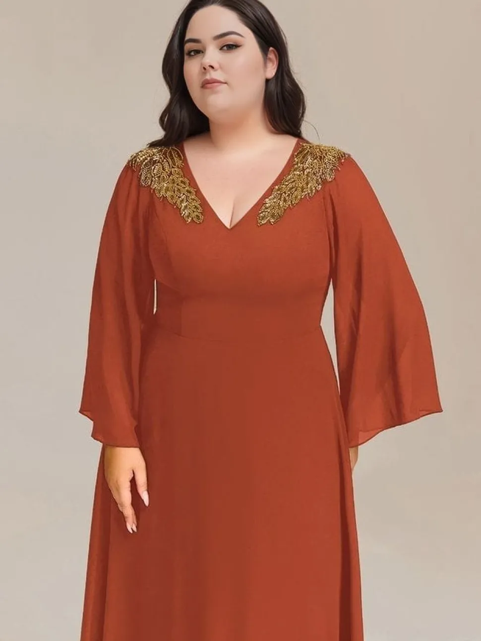 Robe de soirée grande taille couleur terracotta