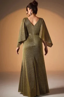 Robe de soirée grande taille fendue dorée manches évasées