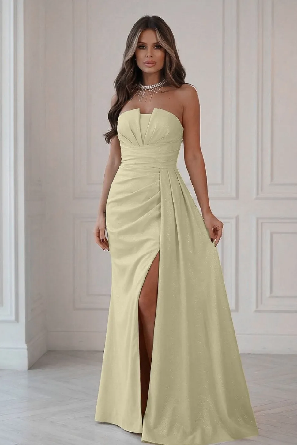 Robe de soirée jaune longue bretelles amovibles