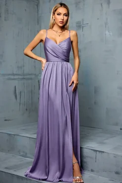 Robe de soirée lilas satinée longue
