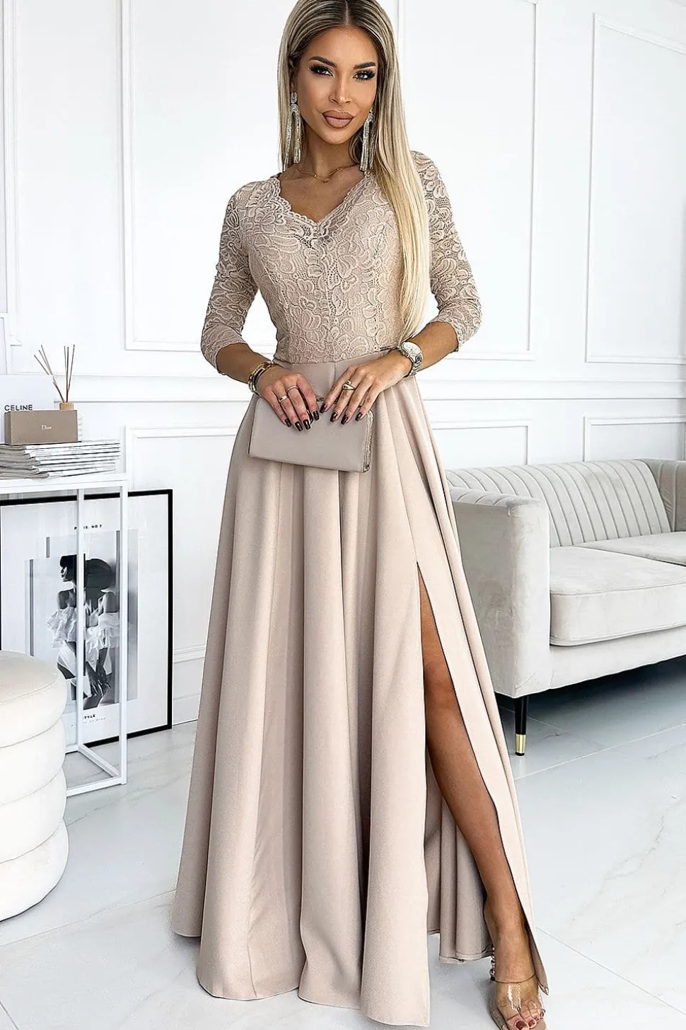 Robe de soirée longue beige